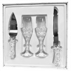 4 Piece Wedding Cake Knife and Server Set with Champagne Toasting Glass Flutes Dress Design